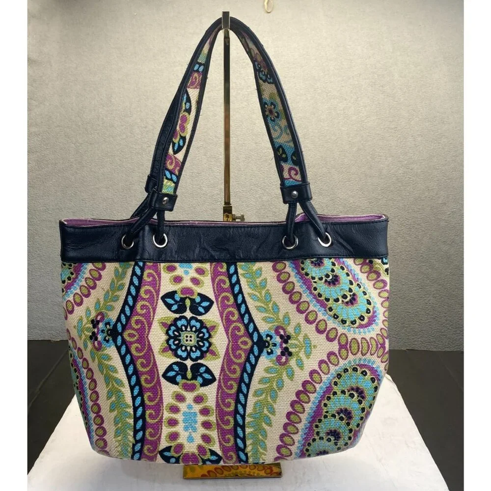 Spartina 449 Floral Multicolor Linen‎ Fabric with Black Leather Trim Tote Bag